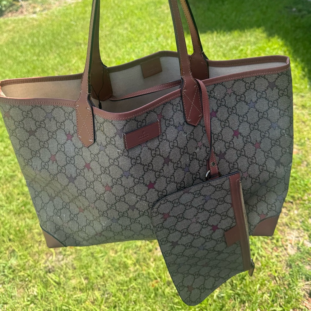 Gucci Women's Tote Bag GG Star Pattern Detachable Pouch Beige Brown Pink Purple - Picture 3 of 10
